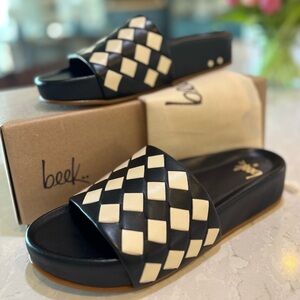 beek Pelican Leather Black and Cream Checkered Slide Sandals